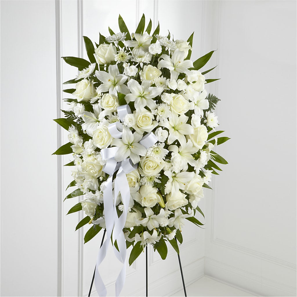 Exquisite Tribute Standing Spray-White Ribbon – Fred Meyer, Portland OR
