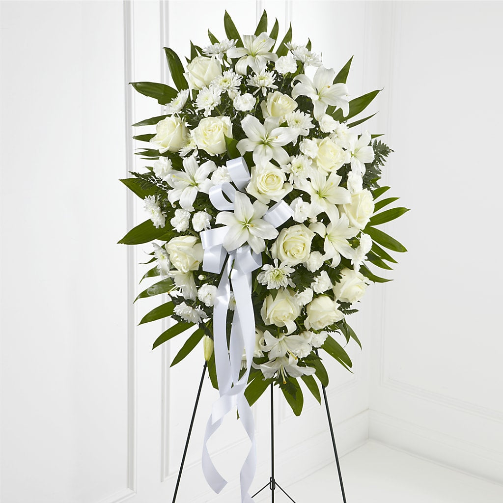 Exquisite Tribute Standing Spray-White Ribbon – Fred Meyer, Portland OR